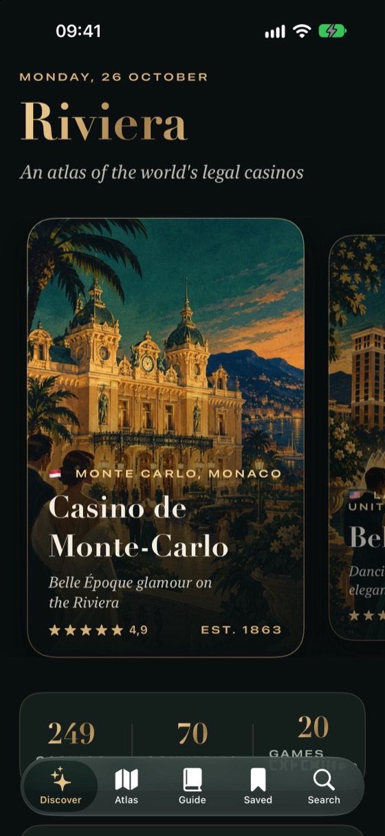 Riviera Discover screen featuring the Casino de Monte-Carlo