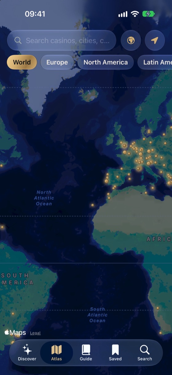 Dark world map with gold casino markers