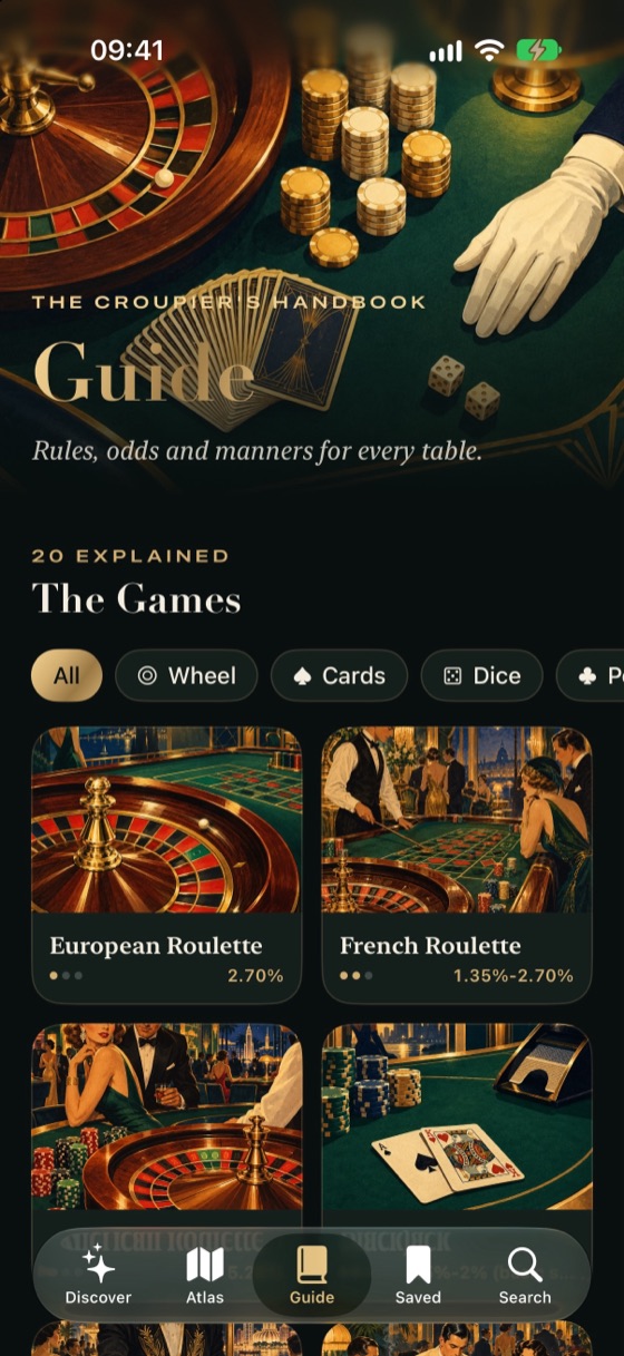 Guide screen with roulette and card games